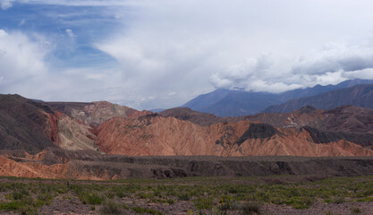 The Andes mountain range. Panorama view of the valley and colorful mountains under a beautiful sky.	