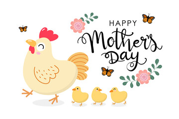 Happy Mother's Day greeting card with cute hen and eggs. Chicken and baby. Animal cartoon character set. Vector in flat style.