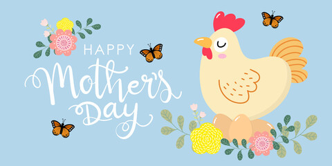 Happy Mother's Day greeting card with cute hen and eggs. Chicken and baby. Animal cartoon character set. Vector in flat style.