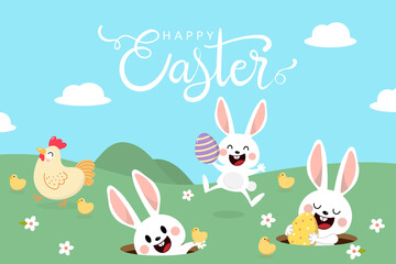 Obraz na płótnie Canvas Happy Easter greeting card with cute white bunny and eggs. Rabbit character set. Animal wildlife holidays cartoon. -Vector.
