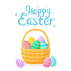 Vector illustration of a wicker basket with colored colored Easter eggs. Isolated on white background. Happy easter lettering
