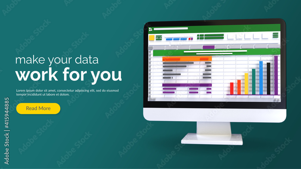 Poster spreadsheet on computer screen 3d render icon. financial accounting report concept. office things fo