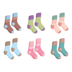 Collection of colored vector retro socks with patterns and prints. Isolated on white background

