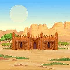 African architecture. The animation ancient building from clay. Background - a landscape the desert, the sky, a symbol of the sun. Color drawing. Vector illustration.