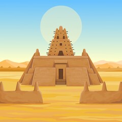 African architecture. The animation ancient building from clay. Background - a landscape the desert, the sky, a symbol of the sun. Place for the text. Color drawing. Vector illustration.