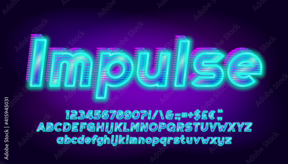 Fototapete Impulse alphabet font. 3D effect bright letters, numbers and punctuations. Uppercase and lowercase. Retro-futuristic vector typescript for your typography design.