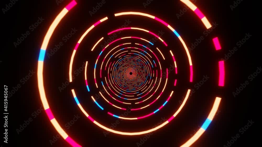 Poster 4k video animation of beautiful colorful neon lighting circular round shape tunnel seamless looping 