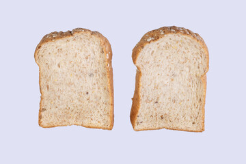 Whole wheat bread isolated on white background Clipping Path. Slice bread, made from 12 kinds of grains, clearly portray the texture and look delicious.