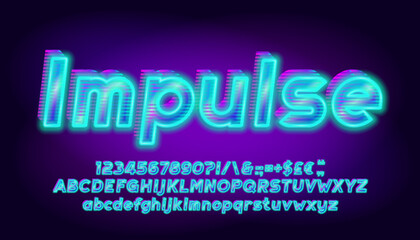 Impulse alphabet font. 3D effect bright letters, numbers and punctuations. Uppercase and lowercase. Retro-futuristic vector typescript for your typography design.