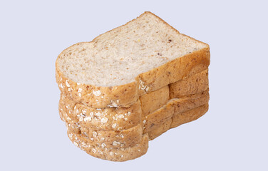 Whole wheat bread isolated on white background Clipping Path. Bread made from 12 types of grains including corn barley millet rice rye buckwheat flaxseed sesame spelt sunflower triticale wheat.