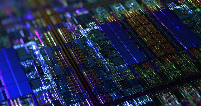 Iridescent Silicon Microchip Computer Wafer. 7nm, 5nm and 3nm manufacturing process. Semiconductor manufacturing of CPU, GPU, CMOS chip design. Integrated circuit Die shot. 3D rendering, 4K loop	