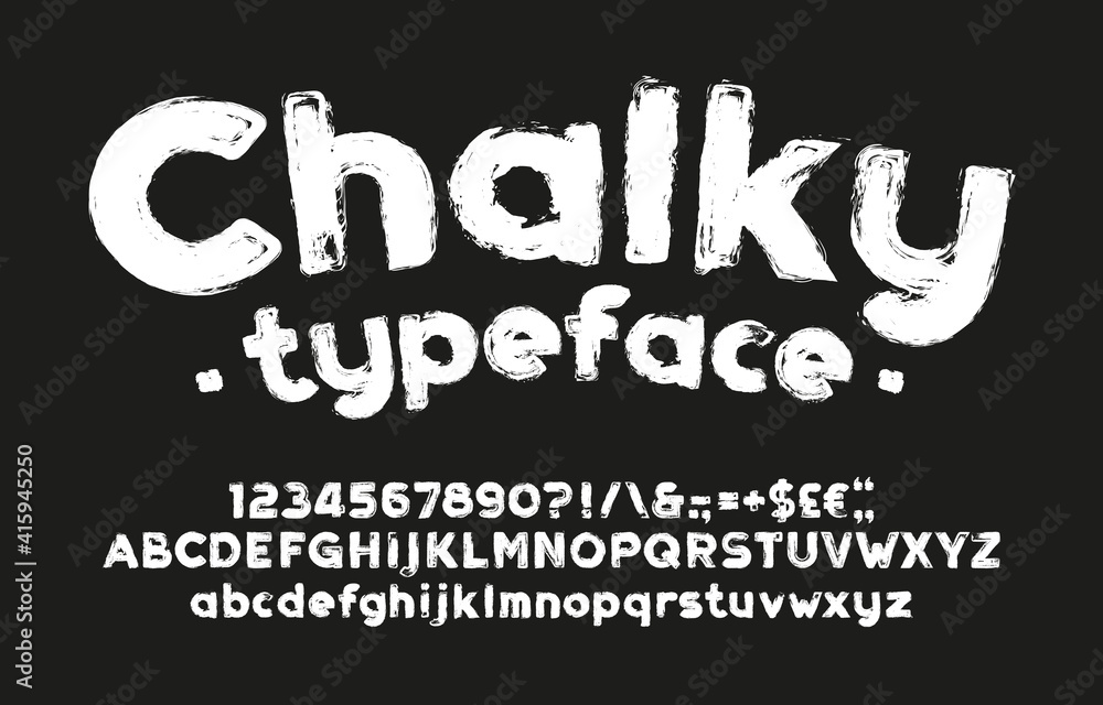 Fototapete chalky alphabet font. hand drawn uppercase and lowercase letters, numbers and symbols. stock vector 