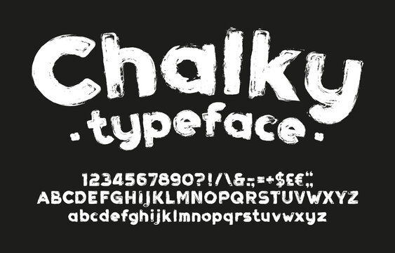 Chalky alphabet font. Hand drawn uppercase and lowercase letters, numbers and symbols. Stock vector typescript for your design.