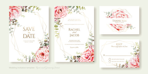 Wedding Invitation, save the date, thank you, rsvp card Design template. Vector. Pink rose, eucalyptus leaves. Watercolor style.