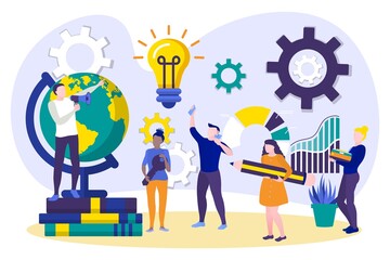 Tiny office employees working on project. Creative team at working process. Businesspeople developing successful strategy in coworking space. Cooperation, teamwork concept flat vector illustration