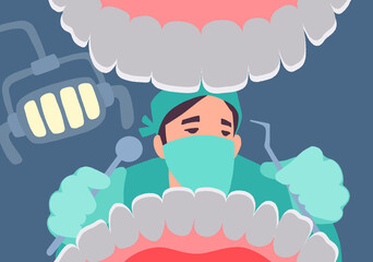 Dentist with tools in hands examines teeth. Patient mouth inside view checkup.