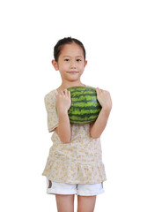 Asian little child holding fresh green watermelon on pink isolated background