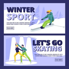 Winter sport landing page template. Let is go skating website interface. Winter season outdoor activities and sports concept cartoon vector illustration