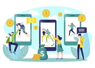 Betting sport online. Tiny people doing sports bets using smartphone app. Hockey, figure skating, skiing online sports with betting people and digital related asset flat vector illustration