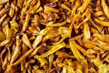 Top view of delicious jackfruit chips. Use for food background