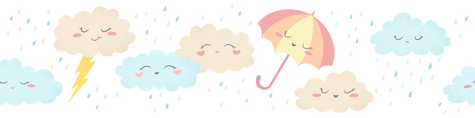 Seamless horizontal vector pattern with cute hand drawn cartoon clouds, umbrellas and raindrops isolated on white background. Design for print, fabric , wallpaper, card