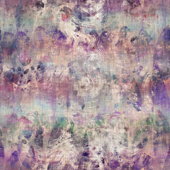 Seamless purple and cream textured mixed media pattern print. High quality illustration. Artistic digital faux collage or paint design for print for surface design in any application.