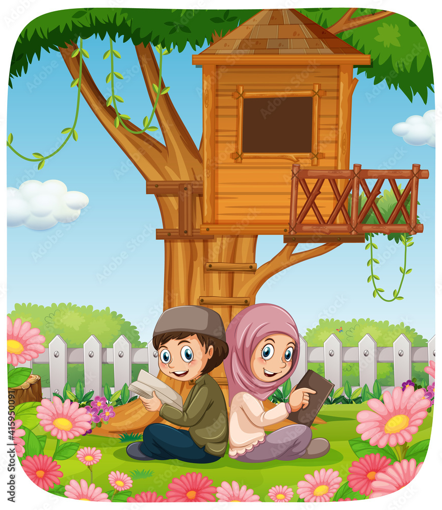 Sticker Muslim sister and brother cartoon character