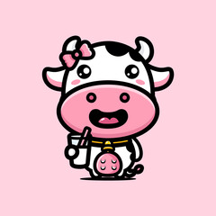 cartoon cute cow vector design holding a glass of milk