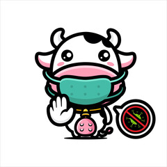 vector design of cute cow cartoon wearing a mask against the virus
