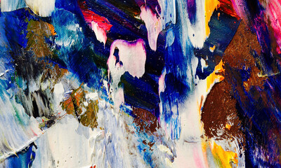 Bunter abstrakter Malereihintergrund. Moderne Motive bildende Kunst. Intensive mehrfarbige Mischung aus lebendigen Ölfarben. Trendige handbemalte Leinwand. Malen Sie Pinselstriche auf Leinwand für trendige Postertapeten. © Valeriy