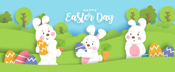 Easter day card with  cute rabbiits and easter eggs.