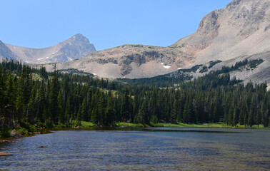 magnificent mount toll and mount audobon as seen from mitchell lake on a sunny summer day along the blue lake  trail in the indian peaks wilderness area near nederland, colorado