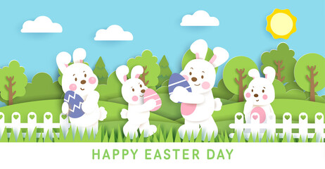 Easter day banner with  cute rabbits and easter eggs.