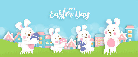 Easter day banner with  cute rabbits and easter eggs.