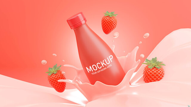 3d render of strawberry milk bottle with splash for mockup branding