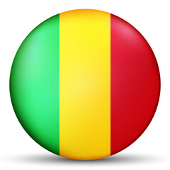 Glass light ball with flag of Mali. Round sphere, template icon. National symbol. Glossy realistic ball, 3D abstract vector illustration highlighted on a white background. Big bubble.