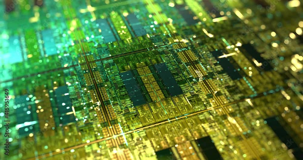 Poster electronic computer hardware, silicon wafer with gold elements. data flow with lights. high tech sci