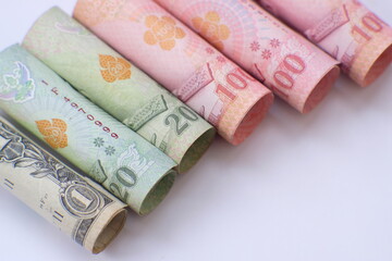 Money banknote on white background, business or finance saving money and business growth concept