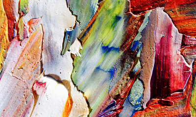 Bunter abstrakter Malereihintergrund. Moderne Motive bildende Kunst. Intensive mehrfarbige Mischung aus lebendigen Ölfarben. Trendige handbemalte Leinwand. Malen Sie Pinselstriche auf Leinwand für trendige Postertapeten. © Valeriy