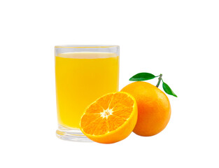 Fresh orange juice in glass or bottle with fruits, isolated on white