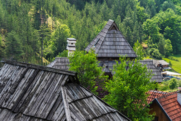 Cabins in the wooden town of Drvengrad, an ethno-village of the film director, Emir Kusturica, Mokra Gora, Serbia