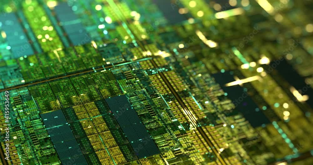 Poster electronic computer hardware, silicon wafer with gold elements. data flow with lights. high tech sci