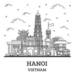 Outline Hanoi Vietnam City Skyline with Modern and Historic Buildings Isolated on White.