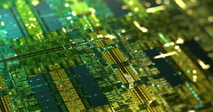 Electronic computer hardware, silicon wafer with gold elements. Data flow with lights. High Tech science motion graphic. Integrated communication processor. GPU, CPU engineering. 4K loop 3D rendering	