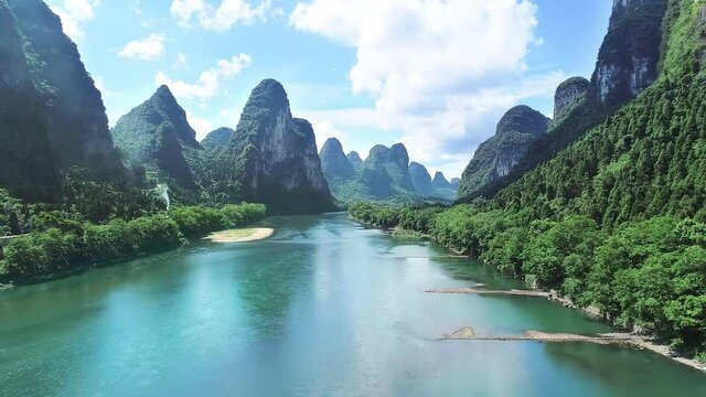 The beautiful Li River and the surrounding mountains in Guilin, Guangxi, China