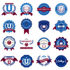 University, academy, and college emblems or logos set for education industry design. Isolated on white background