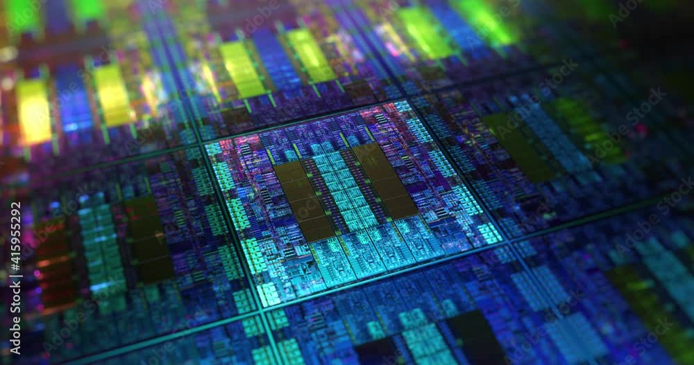 Poster futuristic microchip processors on wafer with data neon lights. hardware technology concept, compute