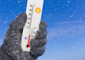 White celsius scale thermometer in hand. Ambient temperature minus 14 degrees