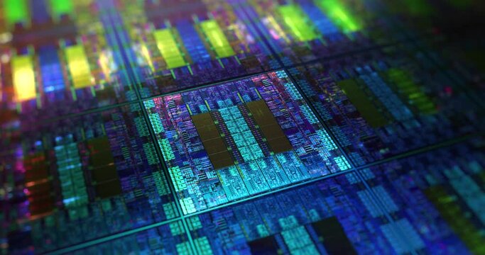 Futuristic microchip processors on wafer with data neon lights. Hardware technology concept, Computer component lights. 3D rendering, 4K.