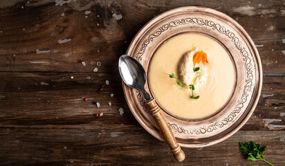 Chicken Cream Soup. Traditional recipe cheese soup with pea sprouts in bowl on wooden background. Food recipe background. space for text. top view